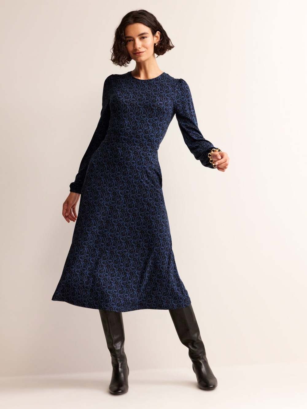 Boden Camille Jersey Midi Dress Navy Damask Print Long Sleeve Size 10L